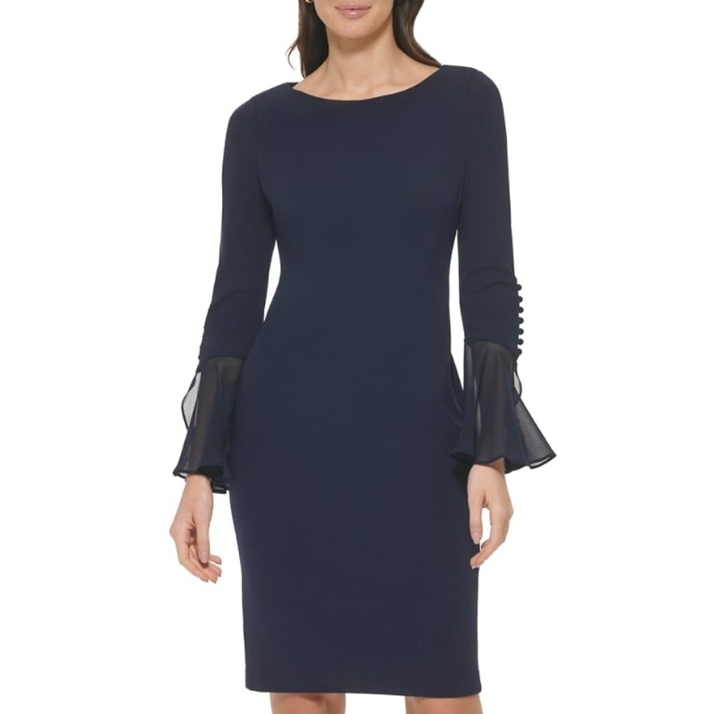 NWT Calvin Klein Womens Navy Scuba Crepe Chiffon Bell Sleeve Sheath Dress Size 4
